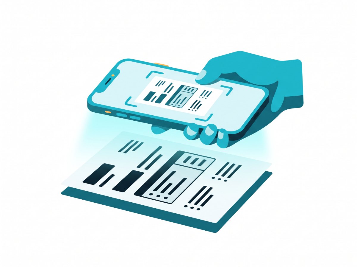 A phone scanning a paper document, the page outlined by cyan corner brackets